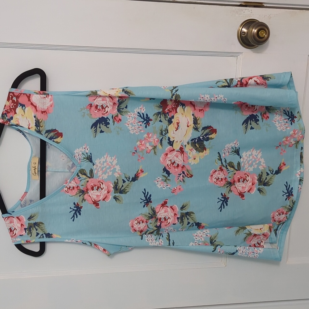 Cyanstyle Women's Sz L Sleeveless Floral V Neck Shirt